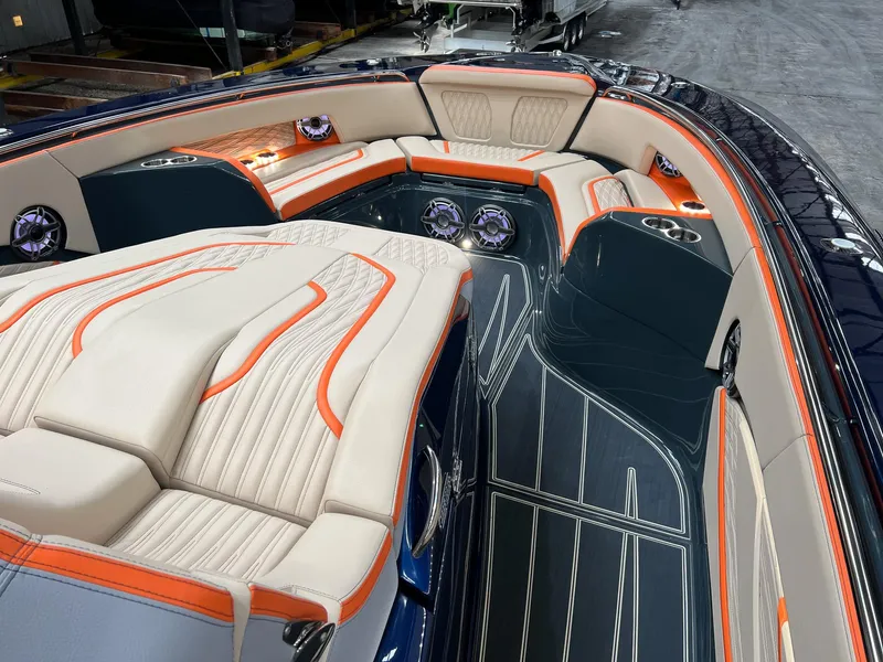 Slide: The Image of Luxurious 2024 MTI V42 boat interior with elegant seating and modern design. - 19