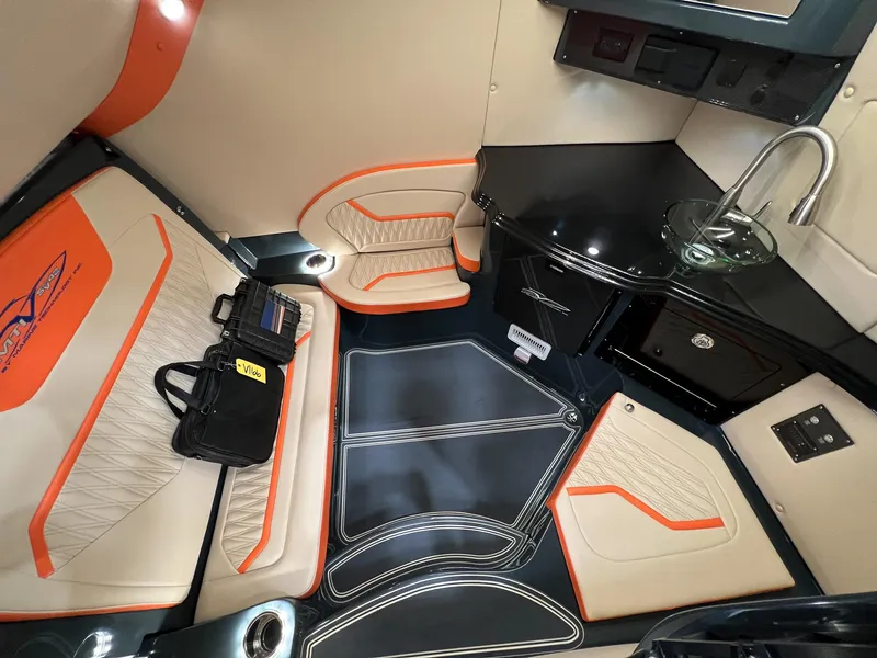 Slide: The Image of Luxurious 2024 MTI V42 cabin interior with sleek seating, modern design, and stylish accents. - 9