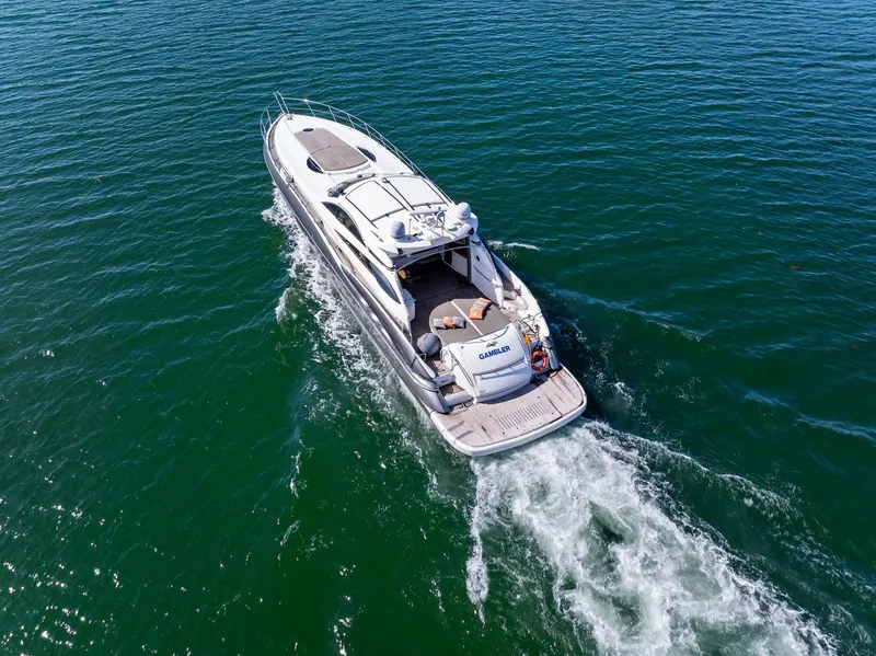 Slide: The Image of Aerial view of Sunseeker Predator 75 yacht on the sea, 2001 model. - 49