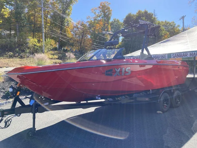 Slide: The Image of Red 2025 Axis A225 boat on trailer, parked outdoors under sunlight. - 6