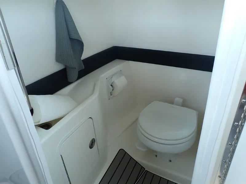 Slide: The Image of 2024 Sea Ray SLX 260 Outboard boat bathroom interior with toilet and towel. - 8