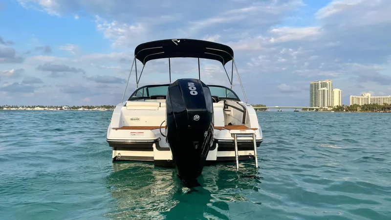 Slide: The Image of 2021 Monterey M225 boat on water with outboard motor, city skyline in background. - 3