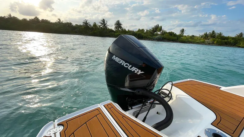 Slide: The Image of Monterey M225 boat with Mercury engine on serene water, 2021 model. - 9