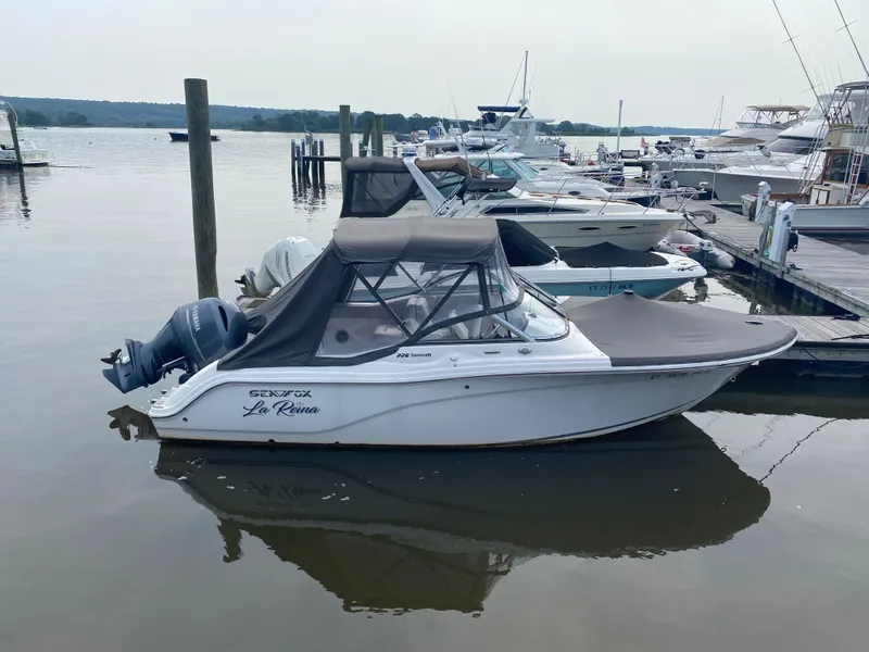 Slide: The Image of 2020 Sea Fox 226 Traveler boat docked at marina, featuring covered cabin and twin engines. - 15