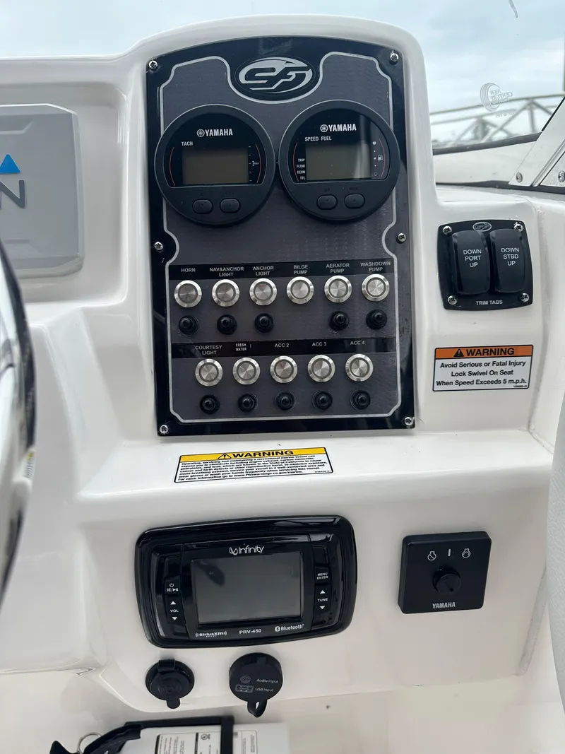 Slide: The Image of Control panel of a 2020 Sea Fox 226 Traveler boat with Yamaha gauges and switches. - 8