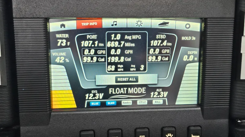 Slide: The Image of Yamaha Boats 2018 212 X dashboard display showing trip info and engine statistics. - 25