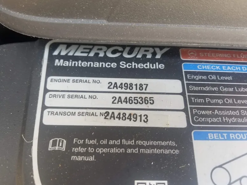 Slide: The Image of Mercury maintenance schedule with engine, drive, and transom serial numbers for Chaparral 21 H2O Sport. - 26