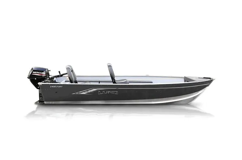 Slide: The Image of 2025 Lund Fury 1400 Tiller boat with Mercury outboard motor, side view. - 7