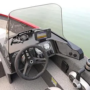 Slide: The Image of 2025 Lund Rebel XL 1650 XL SS boat dashboard with steering wheel and navigation system. - 14