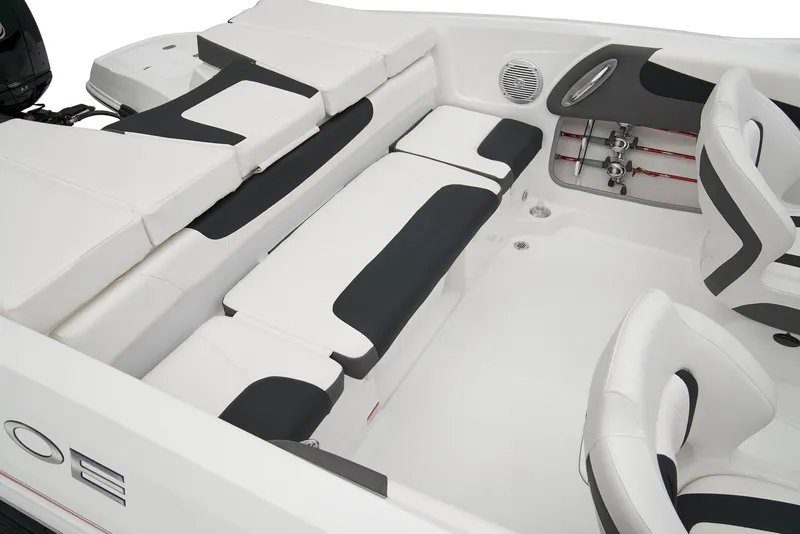 Slide: The Image of 2024 Tahoe 200 S boat interior with white and blue cushioned seating. - 21