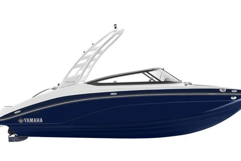 Slide: The Image of 2026 Yamaha Boats 195S, sleek blue and white design, side view. - 2