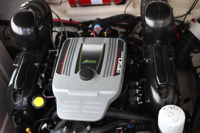 Slide: The Image of Engine of 2012 Sea Ray 280 Sundancer boat, featuring a 350 MAG motor. - 39