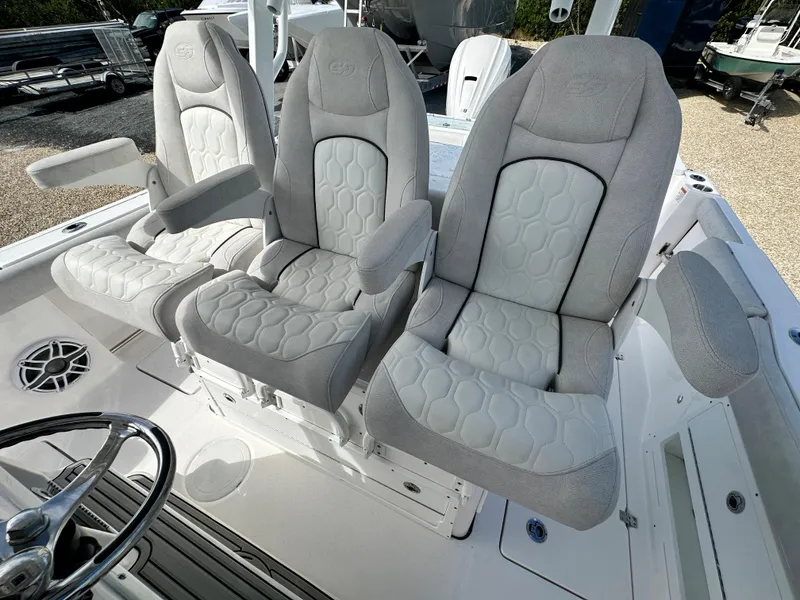 Slide: The Image of 2024 Sea Fox 328 Commander boat seats with elegant gray upholstery. - 19