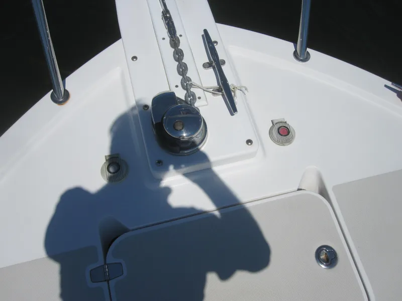 Slide: The Image of Bow of 2014 Back Cove 34 Hard Top boat with anchor chain and shadow. - 14