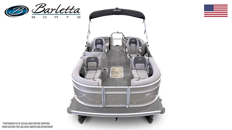 Slide: The Image of 2025 Barletta ARIA 20QC pontoon boat, spacious seating, sleek design, American flag, Barletta logo. - 7