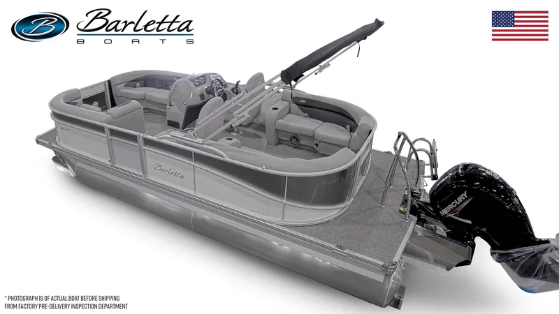 Slide: The Image of 2025 Barletta ARIA 20QC pontoon boat with Mercury engine, sleek design, and spacious seating. - 2
