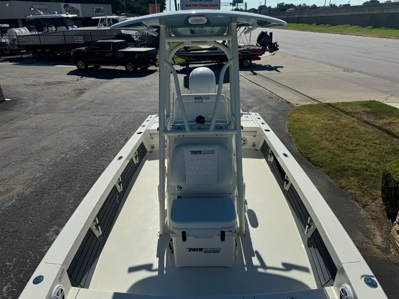 Slide: The Image of 2025 Pathfinder 2500 Hybrid boat, center console view, parked on pavement. - 42