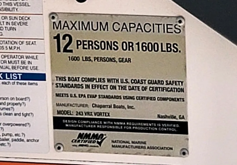 Slide: The Image of Capacity label for 2017 Chaparral Vortex 243 VRX: 12 persons or 1600 lbs. - 19
