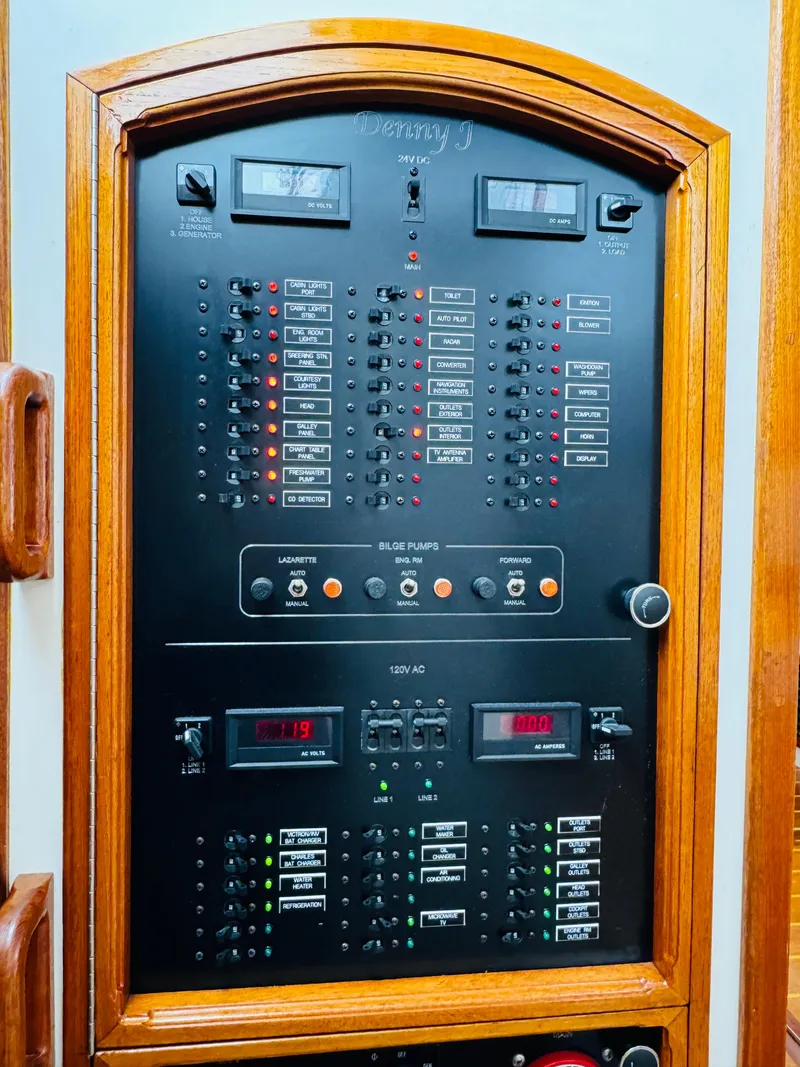 Slide: The Image of Electrical panel of a 2000 Holland 38 Downeast Cruiser with wooden frame. - 37