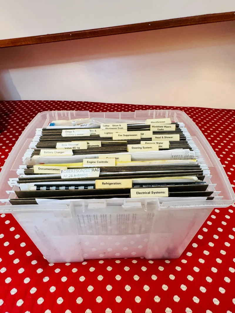 Slide: The Image of Organized files in a clear box on a red polka dot tablecloth. Holland 38 Downeast Cruiser 2000. - 41