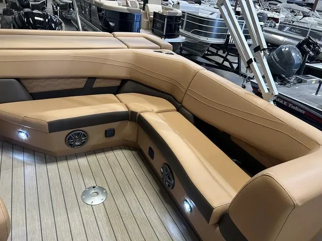 Slide: The Image of Luxurious seating on 2025 SunCatcher Fusion 322C pontoon boat with Yamaha 200 "SHO" engine. - 12