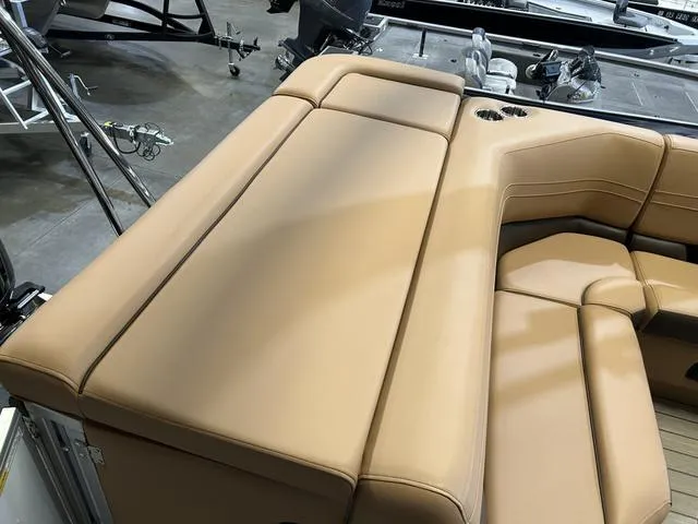 Slide: The Image of Luxurious tan seating on 2025 SunCatcher Fusion 322C boat with Yamaha 200 "SHO". - 16