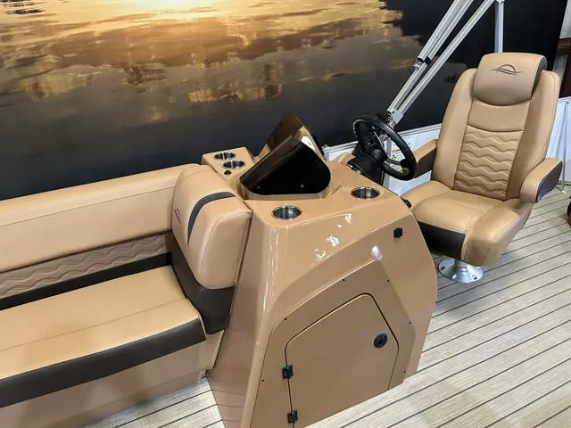 Slide: The Image of Luxurious interior of 2025 SunCatcher Fusion 322C boat with Yamaha 200 "SHO" engine. - 17