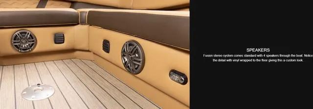 Slide: The Image of Interior of 2025 SunCatcher Fusion 322C boat with built-in speakers and vinyl-wrapped flooring. - 18