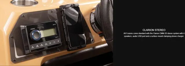 Slide: The Image of 2025 SunCatcher Fusion 322C dashboard with Clarion stereo and phone mount. - 19