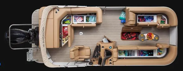 Slide: The Image of 2025 SunCatcher Fusion 322C boat interior with Yamaha 200 "SHO" engine, featuring spacious seating and storage. - 23