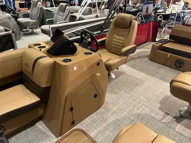 Slide: The Image of Luxurious interior of 2025 SunCatcher Fusion 322C boat with Yamaha 200 "SHO" engine. - 26