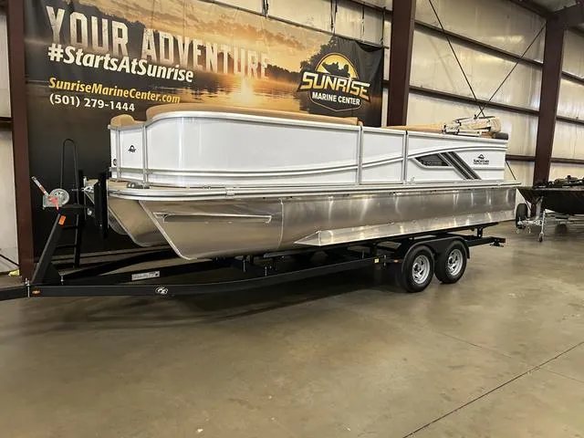 Slide: The Image of 2025 SunCatcher Fusion 322C pontoon boat on trailer at Sunrise Marine Center. - 3