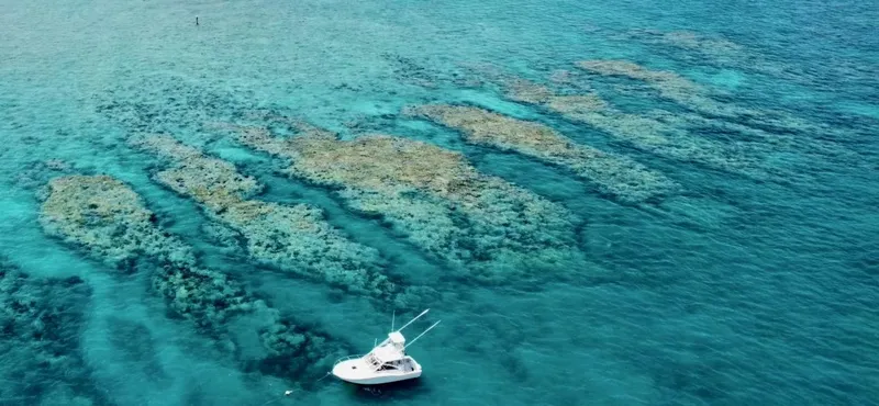 Slide: The Image of Carolina Classic 35 boat from 2001 on clear turquoise water near coral reefs. - 11