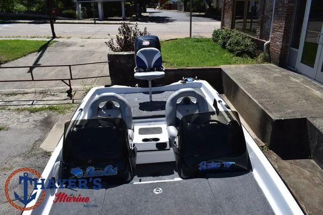Slide: The Image of 2012 Bass Cat Pantera IV boat with dual consoles and seating, displayed at Thayer's Marine. - 25