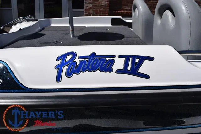 Slide: The Image of 2012 Bass Cat Pantera IV boat with Thayer's Marine logo. - 4