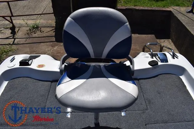 Slide: The Image of 2012 Bass Cat Pantera IV boat seat with Thayer's Marine logo. - 43