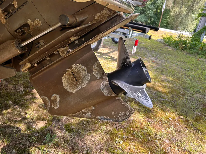 Slide: The Image of 2005 Chaparral 215 SSi boat propeller with barnacle growth on a grassy area. - 26