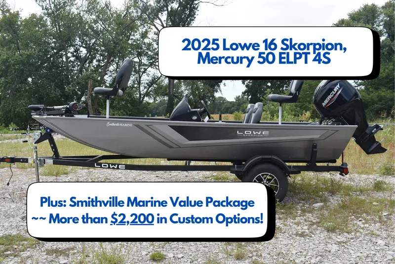 Slide: The Image of 2025 Lowe 16 Skorpion boat with Mercury 50 ELPT 4S engine, includes custom options package. - 0