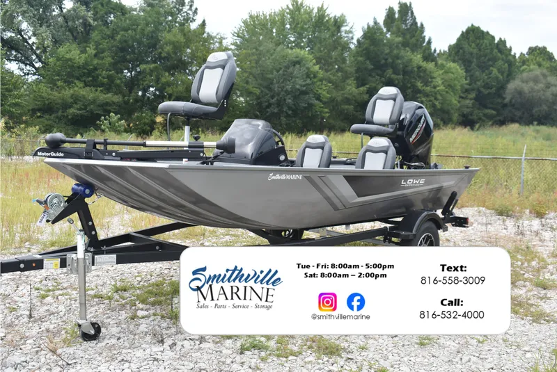 Slide: The Image of 2025 Lowe 16 Skorpion boat on trailer, Smithville Marine contact details displayed. - 1