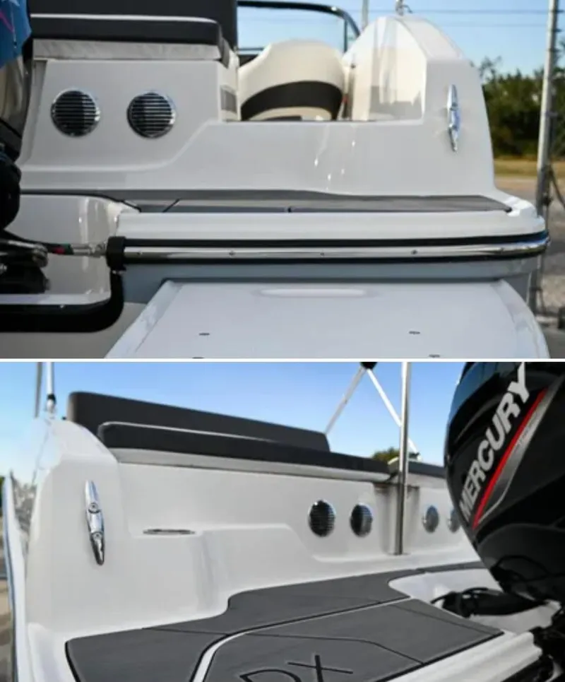 Slide: The Image of 2024 Bayliner DX2000 boat with Mercury engine, rear deck view. - 7
