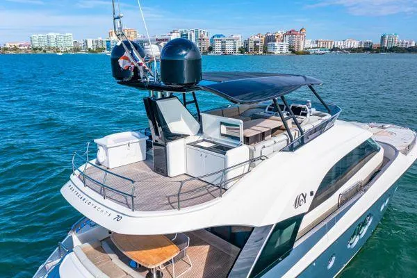 Slide: The Image of Luxurious 2018 Monte Carlo Yachts MCY 70 on serene blue waters, cityscape in background. - 2
