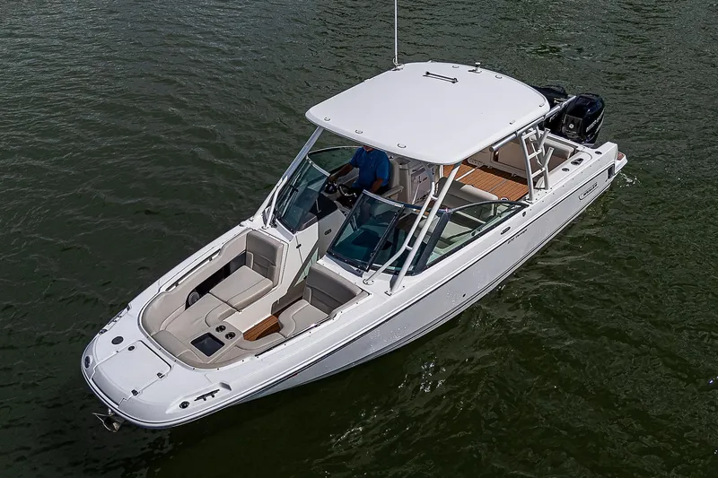 Slide: The Image of 2018 Boston Whaler 270 Vantage boat on water, aerial view. - 49