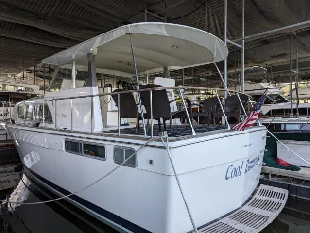 Slide: The Image of 1972 Chris-Craft 41 Commander docked, featuring spacious deck and classic design. - 8