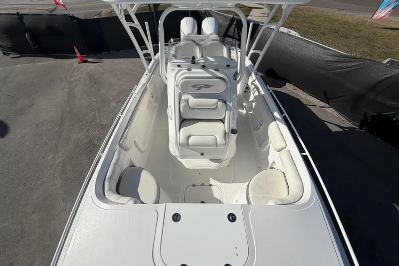 Slide: The Image of 2021 Glasstream 280 SCX boat interior with white seating and helm station. - 70