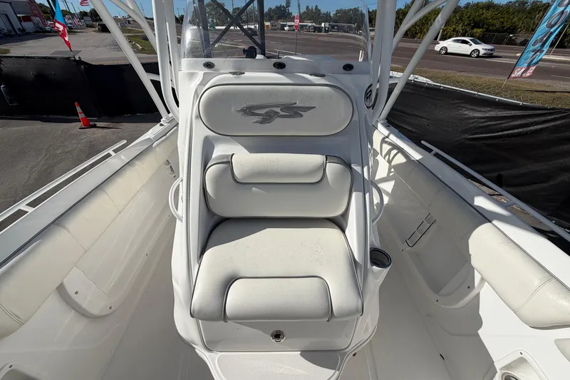 Slide: The Image of 2021 Glasstream 280 SCX boat interior with white seating and helm station. - 73