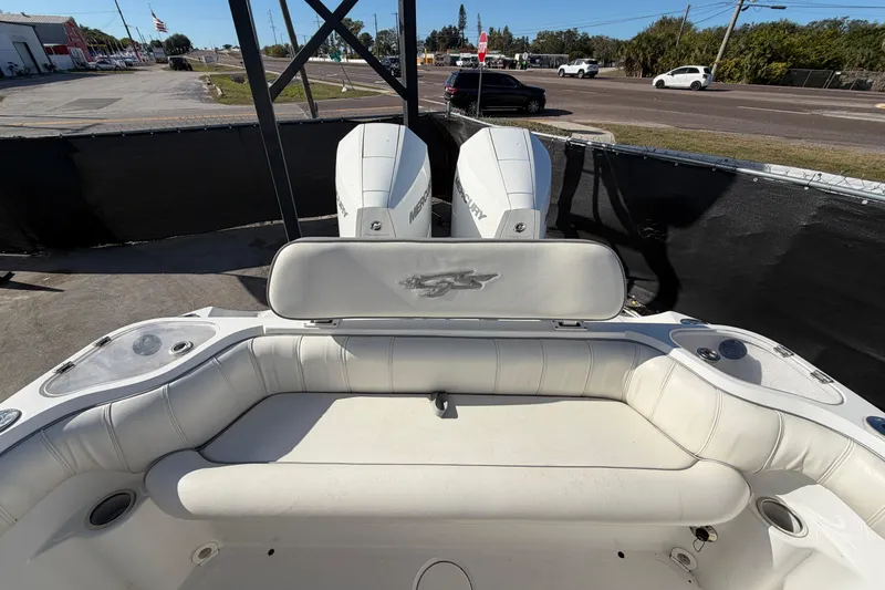 Slide: The Image of 2021 Glasstream 280 SCX boat with dual Mercury engines and white seating. - 92