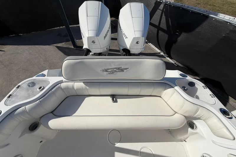 Slide: The Image of 2021 Glasstream 280 SCX boat with dual Mercury engines and white seating area. - 93
