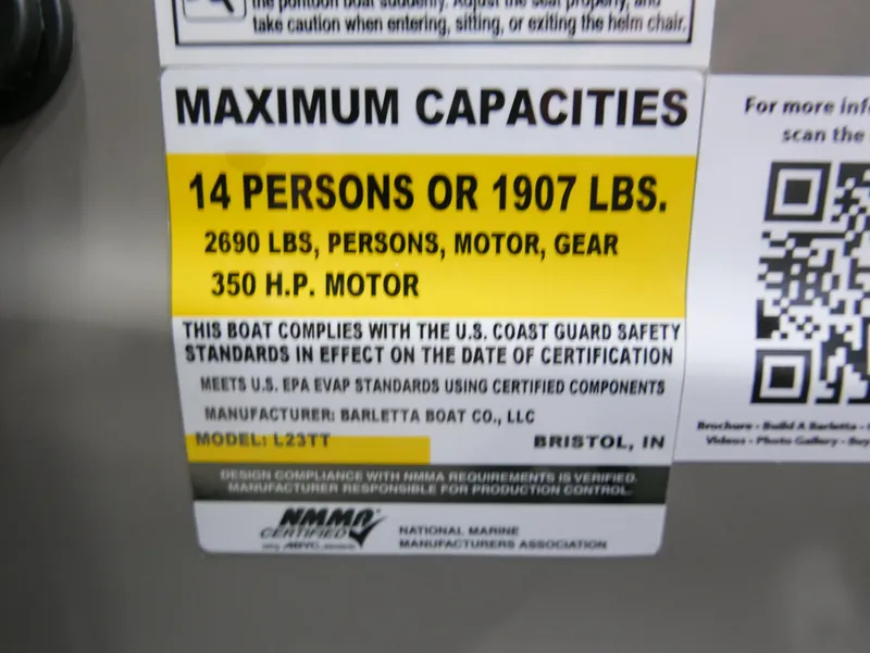 Slide: The Image of Barletta Lusso 23M 2024 capacity label: 14 persons, 1907 lbs, 350 HP motor. - 29