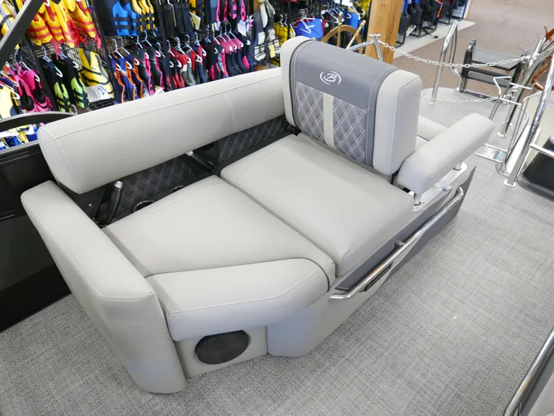 Slide: The Image of 2024 Barletta Lusso 23M boat seating with gray upholstery and diamond pattern accents. - 34