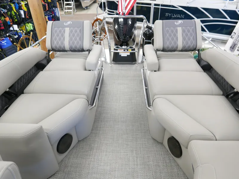 Slide: The Image of 2024 Barletta Lusso 23M pontoon boat interior with luxurious seating and modern design. - 38